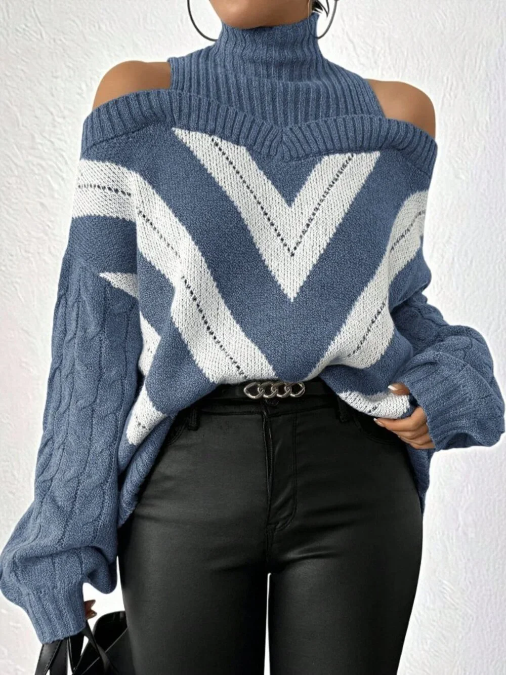 Blue Casual Women's Plus Size Open Shoulder High Collar Cable Knit Sweater
